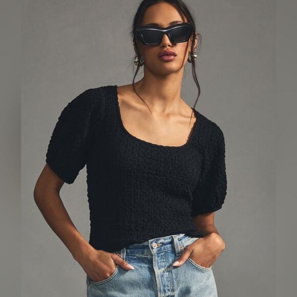 Anthropologie Tops - Lea & Viola Anthropologie puff short sleeve textured crop top Black stretchy S
